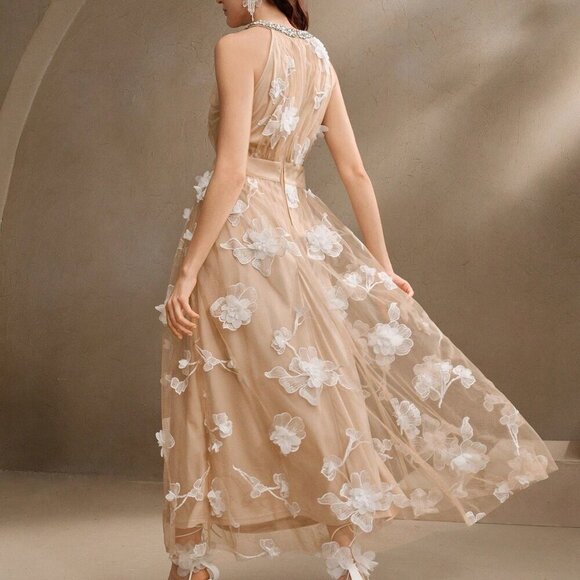 Apricot Elegant Women's 3D Floral Rhinestone Mesh Sleeveless Fitted Waist Dress - Picture 5 of 7